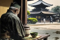 mestre da matcha em frente de um templo xintoísta