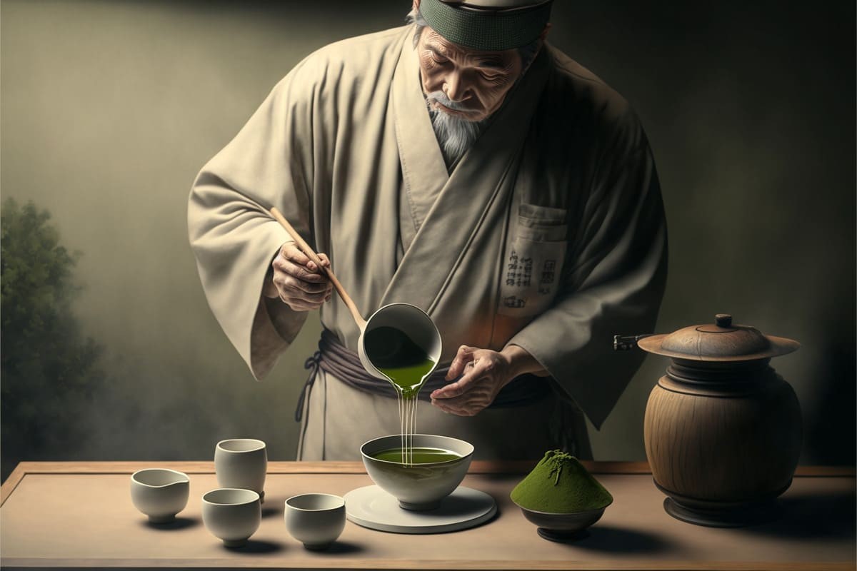 un hombre preparando matcha